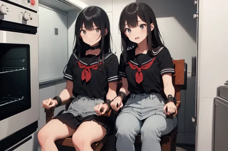 3 girls, ((squeezed together, inside tiny cube, strapped to chairs)), (sitting:1.5), (bondage chair:1.5), (inside oven:1.5), ((b...