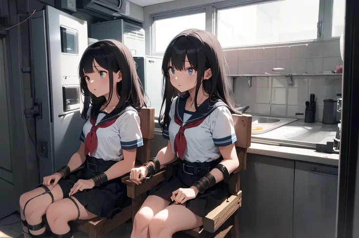 3 girls, ((squeezed together, inside tiny cube, strapped to chairs)), (sitting:1.5), (bondage chair:1.5), (inside oven:1.5), ((b...