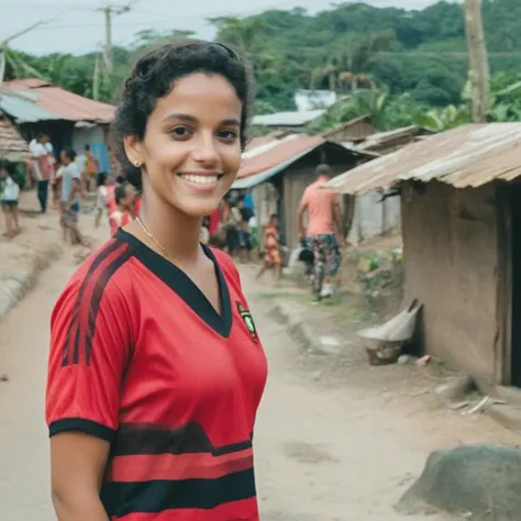 "Brazilian taking advantage, face neutral, flamengo blouse, shanty town, cinematic, realistic, QG, in a flamengo outfit. periphery