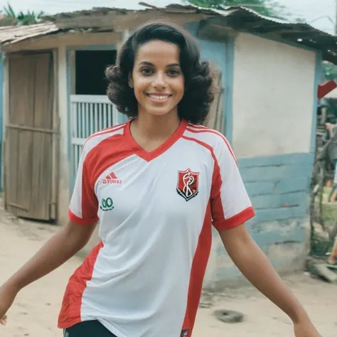 "brazilian taking advantage, face neutral, flamengo blouse, shanty town, cinematic, realistic, qg, in a flamengo outfit. periphe...