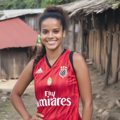 "brazilian taking advantage, face neutral, flamengo blouse, shanty town, cinematic, realistic, qg, in a flamengo outfit. periphe...