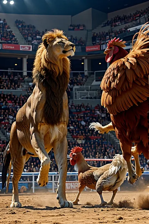 A Lion and a Rooster in a combat arena