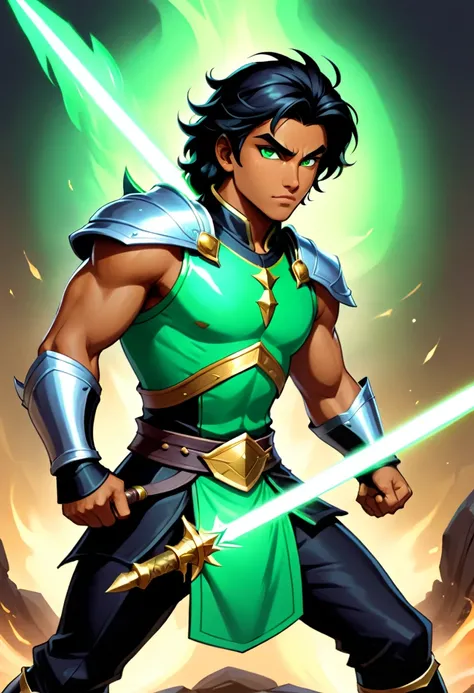 in D&D art style, create a male paladin character, he has tanned skin a black sholder length hair, and a green shining eye. he is in a battle fight position.The picture must show the whole body