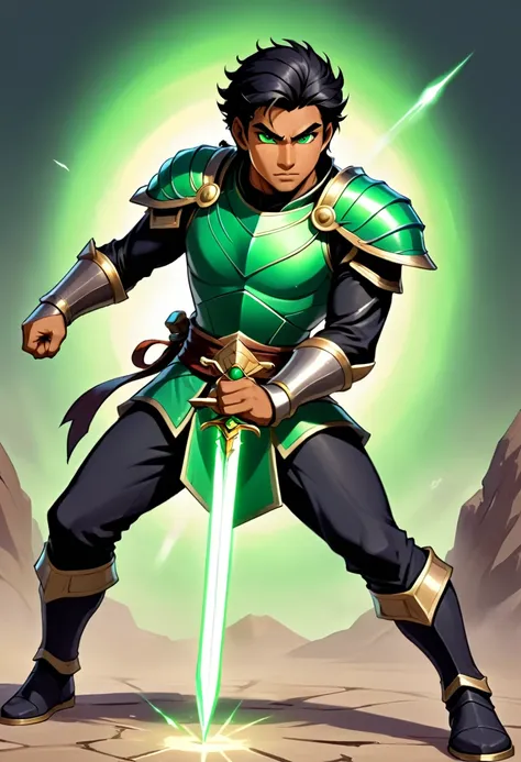 in D&D art style, create a male paladin character, he has tanned skin a black sholder length hair, and a green shining eye. he is in a battle fight position.The picture must show the whole body