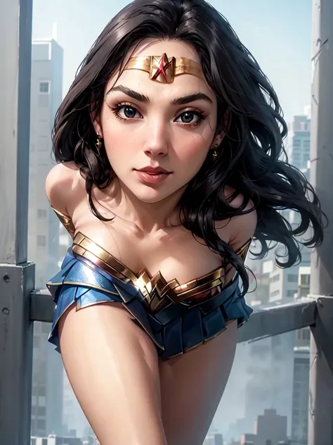 g4lg, wonder woman, ((wearing a white Real Madrid tshirt)), (pretty face:1.2), (finely detailed face and beautiful eyes), mature female, muscle, bare hands, (armlet, blue armor skirt, bracer, head ring ), (black eyes, black long hair, messy hair, floating ...