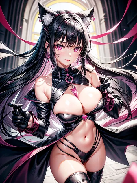 Silver black hair, pink eyes, body, cat ears, woman, earrings, fantasy background, pink red clothes, hair bows, happy face, thigh up