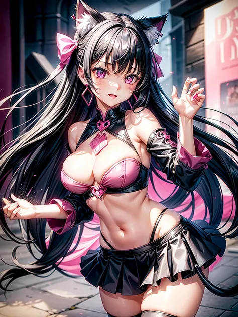 Silver black hair, pink eyes, body, cat ears, woman, earrings, fantasy background, pink red clothes, hair bows, happy face, thigh up