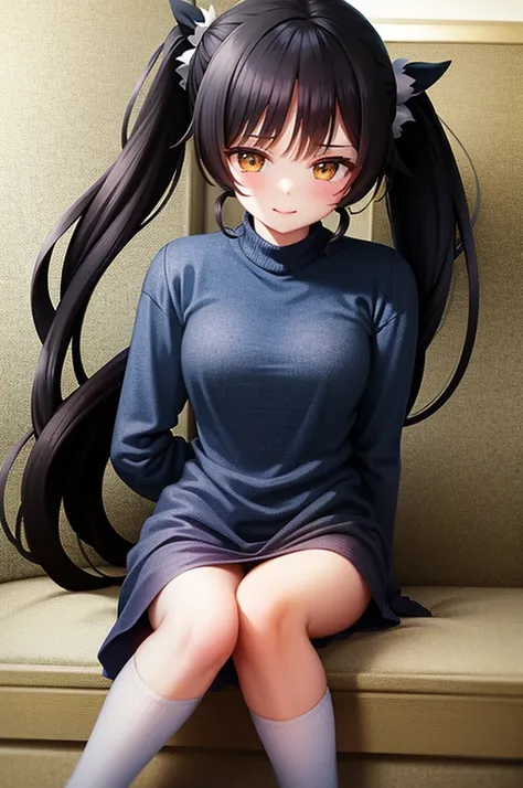 ((masterpiece)), (Highest quality),cute, (Super Long Hair),A lot of hair,smile,Two people,In the sleeper express,Black Hair,Ponytail or twin tail,Sit down