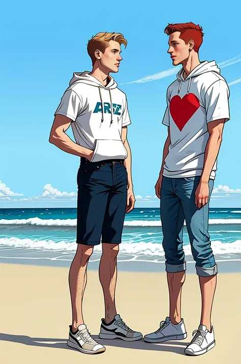 Create a retro illustration heartwarming scene from Heartstopper featuring Nick Nelson and Charlie Spring at the beach.Both are white. Nick Nelson is a tall, athletic teenager with short, wavy blond/red hair and a kind expression. He often wears casual clo...