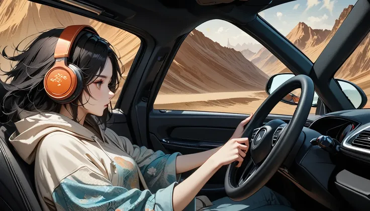 ((8k of extremely detailed CG unit, Masterpiece, high resolution, highest quality, highest quality real texture skin)), (wearing Japanese pattern headphones), ((1 girl)), (((side view))), (((Holding the steering wheel of a car and driving))), (((sunglasses...