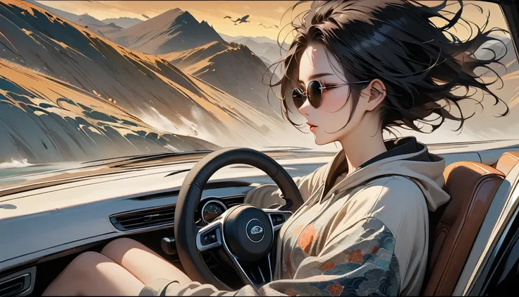 ((8k of extremely detailed CG unit, Masterpiece, high resolution, highest quality, highest quality real texture skin)), (wearing Japanese pattern headphones), ((1 girl)), (((side view))), (((Holding the steering wheel of a car and driving))), (((sunglasses...