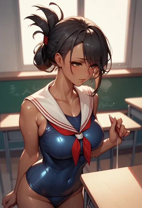 　(((Dark brown skin))) Azur Lane　Sailor suit　School Swimsuit　Beautiful tall woman　Black Hair　 sweat　(((folded ponytail)))　classroom　Love juice 