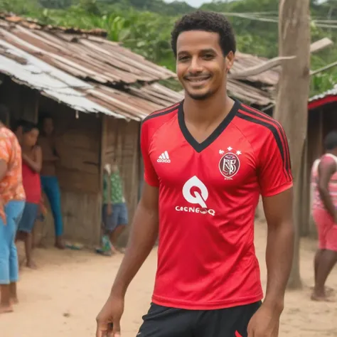 "Brazilian man taking advantage, face neutral, flamengo blouse, shanty town, cinematic, sleeved, QG, in a flamengo outfit. periphery