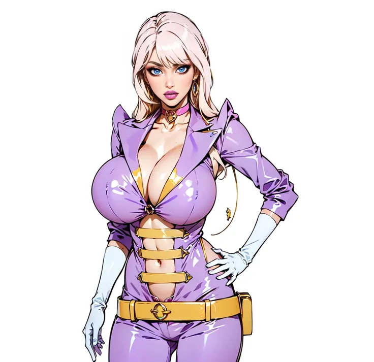 schwitzerland women,white Blonde curly  long hair, Blue eyes,purple lips, Pink Latex  Blazer Unfiorm, Pink Shoulder poul,bif breast,m Clevage, Godl Belt, White Gloves, gold Chocker, Gold loop Earrings, standing