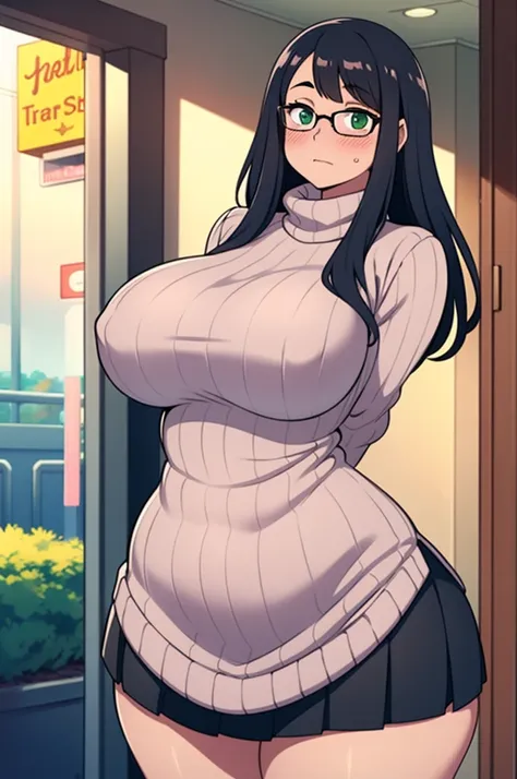 ((Masterpiece)), perfect anatomy, perfect shading, field of depth, (best quality), extremely delicate and beautiful, perfect lighting, detailed face, ultra cute face, cute, ((1girl)), ((solo))

long fluffy black hair, glasses, green eyes, ((blush)), nervou...