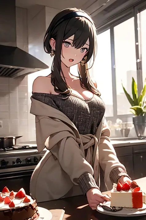 masterpiece, yor, 1girl, Amazing Cleavage:1.3, thin waist, big ass, Raised sexy, medium breast: 1.8 posed cleavage:1.2、solo, looking at viewer, open mouth, have a cup of coffee,black hair, red eyes, dress, bare shoulders, jewelry, collarbone, sidelocks, ha...