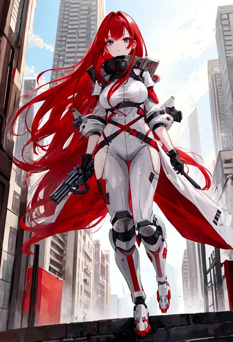 (work of art), 1 girl ,red haired, white , com olhos castanhos, walking in a futuristic city.