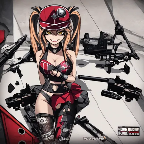 harley queen sticker, harley queen clothing, crossed hands position, A gun in each hand, harley queen volleys, outfit de harley queen, looking at the camera with a mocking and irreverent smile, gta VI style, solid background, UHD