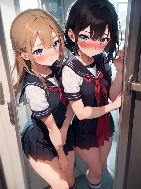 2 girls, shoved inside a cell, ((sailor uniform, short sleeve, tight clothing, miniskirt)), (inside cell:1.5), (blushing:1.5), (...