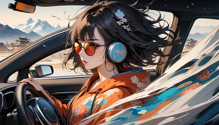 ((8k of extremely detailed CG unit, Masterpiece, high resolution, highest quality, highest quality real texture skin)), (wearing Japanese pattern headphones), ((1 girl)), (((side view))), (((Holding the steering wheel of a car and driving))), (((sunglasses...