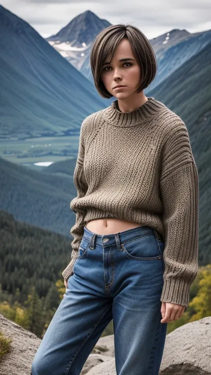 1 girl, 18 years old, ellen page, (skinny), ((flat-chested)), ((short light brown bobcut hair)), work of art, best qualityer, ul...