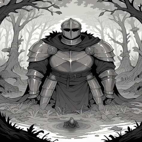 8-bit, black and white, Knight, swamp lands, pixelated, gothic, 