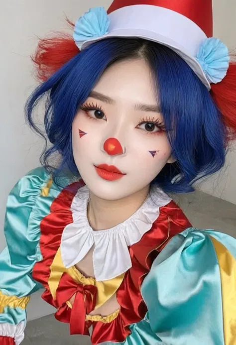 (best high quality:1.5), obra de arte, (8k), extremely detailed, (High details:1.4), Solo, ((Go Youn-jung)), 24 year old Korean Ulzzang female, (cosplay pomni clown),