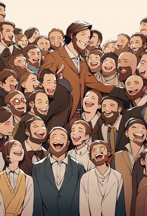  laughing man with medium brown hair and medium beard next to a bunch of people