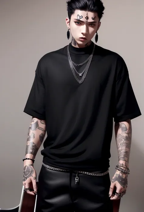 (Alone) man, serious expression, outfit (black top and black pants), skateboard in hand, tattoos on arms, chains and earrings, black fur, and perfect face, perfect body 