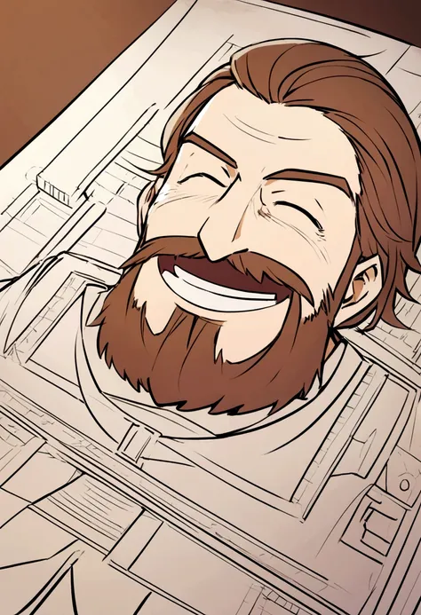  laughing man with medium brown hair and medium beard writing on a blueprint 