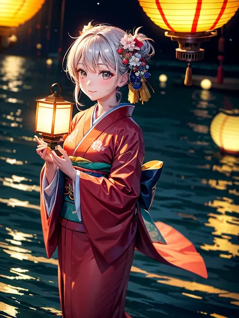 Highest quality,Highest Resolution,A beautiful girl in a kimono floating a lantern,River at night,The moon reflects on the water,