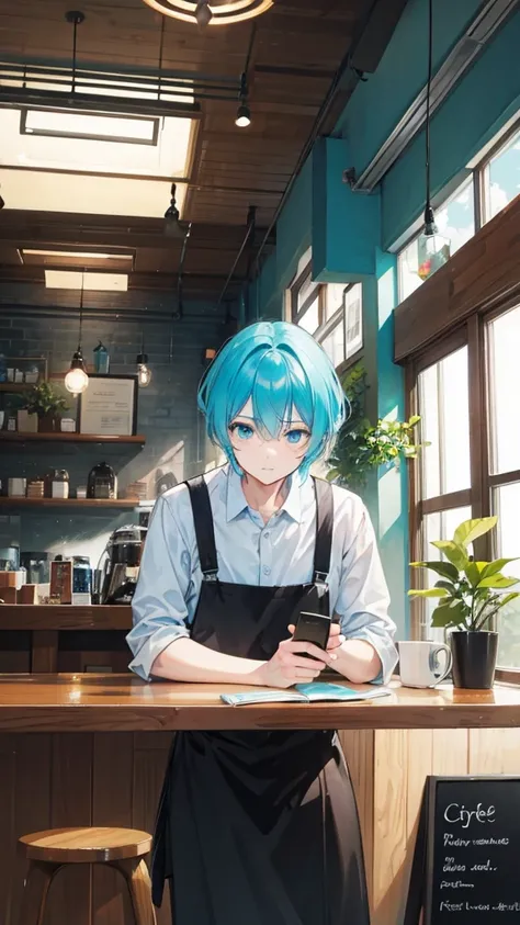 Man with cyan hair working in a coffee shop