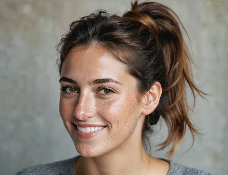 Portrait of Roberta Gemma, italian woman, 30 years old, face highly detailed, natural skin with light freckles, light make-up, hair up with a ponytail, smiling.