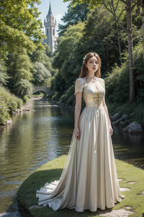 hdr digital image, 8k, high walls, white ivory walls with gold, a large deep river, surrounded by tall trees, colorful flowers, a golden tower in the background, a beautiful young Celtic woman, 25 years old, next to the river