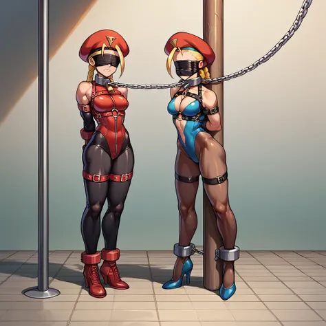 (masterpiece, best quality), intricate details, 1sologirl Cammy White from Street Fighter (standing full body toe to head by wooden pole:1.2) iron collar, arms behind back, iron cuffs, shackles, bound, bondage outfit, harness, o-ring, bondage outfit blindf...