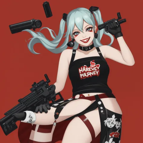 harley queen sticker, harley queen clothing, cool position, A gun in each hand, harley queen pigtails, outfit de harley queen, looking at the camera with a mocking and irreverent smile, gta VI style, chroma background