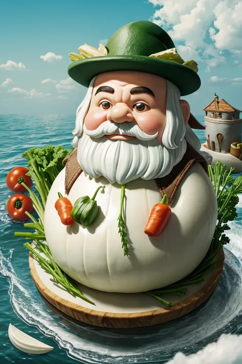 Sadomasochistic dwarf on a giant anchovy in a sea of cream and floating vegetables. He wears a garlic hat. 