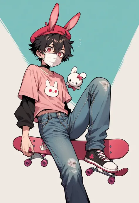 anime boy with black fluffy hair baggy jeans black and pink shirt black and pink skateboard bunny beret and white doll mask with red horns