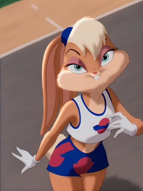 lolabunny, 1 girl, alone, hairy female, rabbit ears, rabbit girl, animal nose, crop top,white gloves,baloncesto, tenure,  blue e...