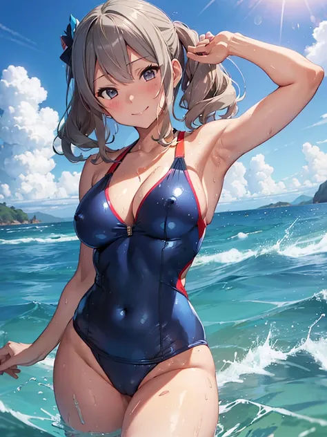 (kancolle, kashima), wet oily blue competition swimsuit, flamed nipples, flamed groin, cameltoe, double breasted, under bust, flemed cleavage under swimsuit, trouble eyeblow, kind smile, open arms, flamed navel,