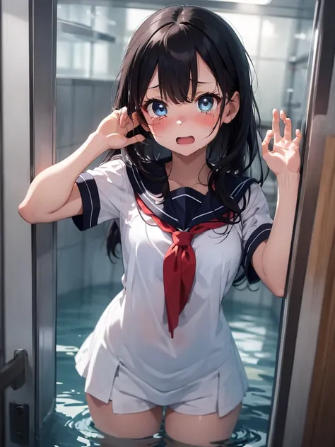 1 girl, inside a glass tank, full of water, (crying, scared, blushing, drowning), (short sleeve, sailor uniform, tight clothing), perfect body, perfect face, perfecte eyes, beautiful eyes, detailed eyes, image taken from inside