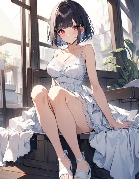 1girl,solo, blunt-bangs,19 years old,short-hair,large_breasts,black-hair,red-eyes, white_lace_camisole,light-blue_frilled-skirt,white_sandals,