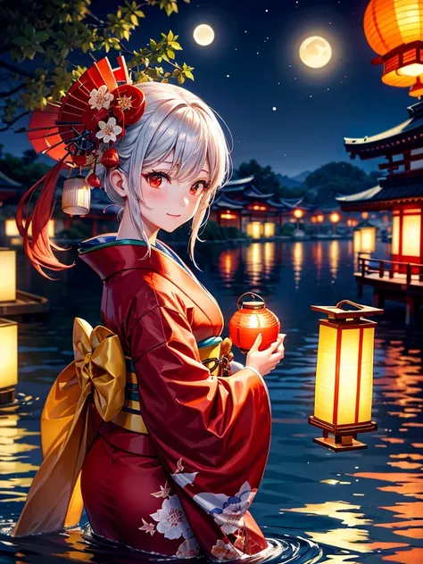 Highest quality,Highest Resolution,A beautiful girl in a kimono floating a lantern,night,The moon reflects on the water,Japan,Lots of red lanterns,shore,