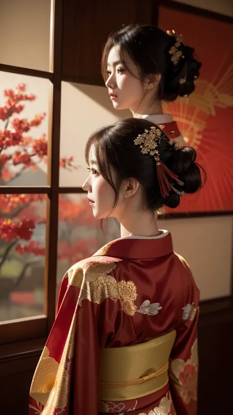 A beautiful girl wearing a red kimono with golden details, seen from behind and looking back, highly detailed, photorealistic, 8k, (best quality:1.2), (realistic:1.37), warm colors, dramatic lighting, detailed texture, elegant hairstyle, detailed kimono pa...