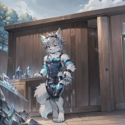 Furry，wolf boy，White fur，crystal blue eyes，Single fluffy tail，greyt hair，short detailed hair，summer day，dive，Wear diving goggles，masculine features，Squat，asshole，bulge，Sexy latex swimsuit，full body，Trampling，Footjob 