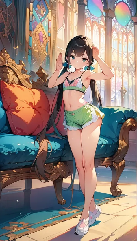 (masterpiece:1.8),(Highest quality:1.8),(Very detailed:1.8),(8k:1.8),(Ultra-fine Illustration:1.5),,,Straight low twintail,Flat Chest,Small Ass,(High-grade ,,lingerie:1.4),(Prayer Pose:1.5),Vintage sofa,,(Full body angle), Stained glass, Rainbow Gradient, ...