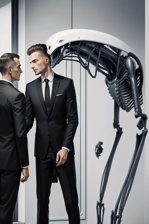 Alien shaking hands with a man in a suit