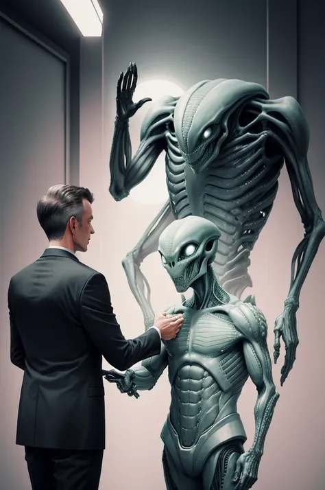 Alien shaking hands with a man in a suit