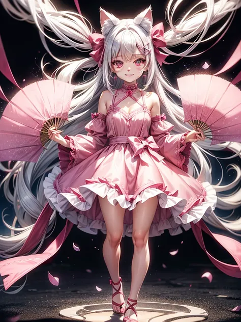 Silver hair, pink eyes, body, cat ears, woman, earrings, fantasy background, pink red clothes, hair bows, happy face, full body