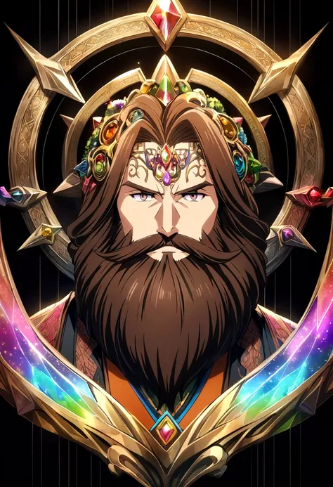 logo man in the center of a black wall with medium and brown hair and medium beard symmetrical anime